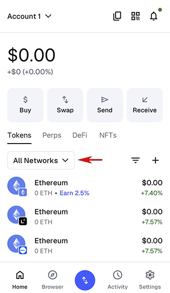 Скриншот MetaMask, где стрелкой указано на выпадающее меню сетей 'All Networks'.